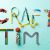 Light teal green background with various items used to creat crafts spelling out craft time.