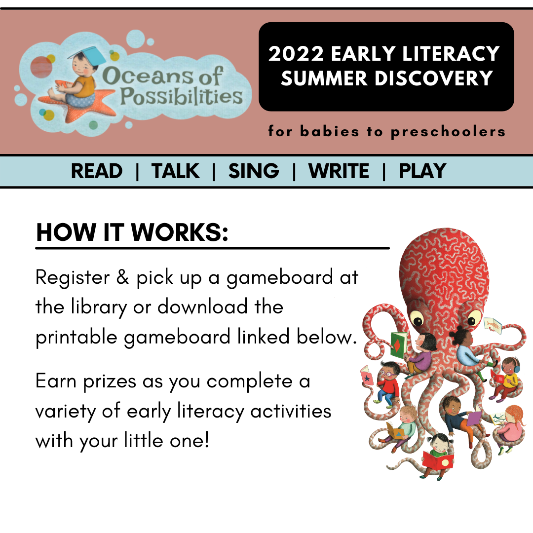 2022 Early Literacy Summer Discovery. Read, talk, sing, write, play. How it works: register & pick up a game board at the library or download the printable gameboard linked below. earn prizes as you complete a variety of early literacy activities with your little one! 