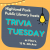 Gray rounded square on yellow background with string of lights, lightbulb, and text: "Highland Park Public Library hosts Trivia Tuesday at Pino's, 13 N. 4th Ave."