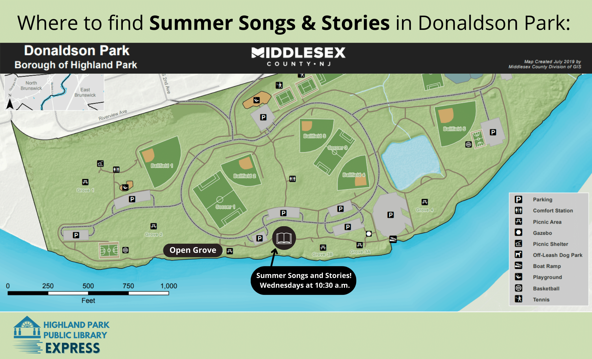 Where to find Summer Songs & Stories in Donaldson Park. IMAGE: Map of donaldson park with a book icon marking area near the open grove. Open grove is located along the river side of Donaldson Park. 